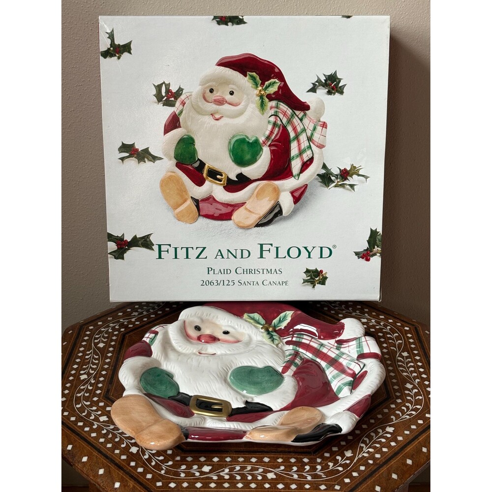 Vintage Fitz And Floyd ‘Plaid Christmas’ Santa Canapé Plate 2000 NIB